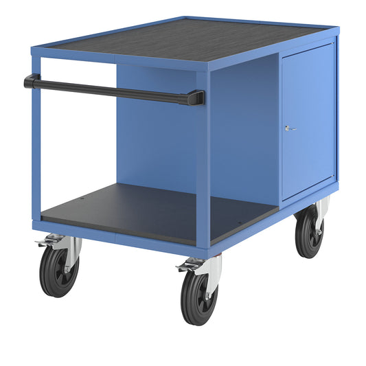 Assembly trolley, max. load 500 kg, 1 cupboard on the right, work surface made of ribbed rubber mat, light blue RAL 5012.
