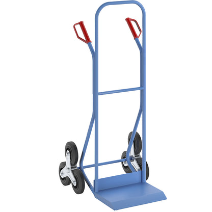 Steel stair climbing truck, footplate WxD 400 x 252 mm, with carrying handle and cargo restraint straps.