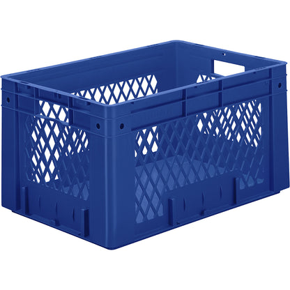 Heavy duty Euro container, polypropylene, capacity 60 l, LxWxH 600 x 400 x 320 mm, perforated walls, solid base, blue, pack of 2.