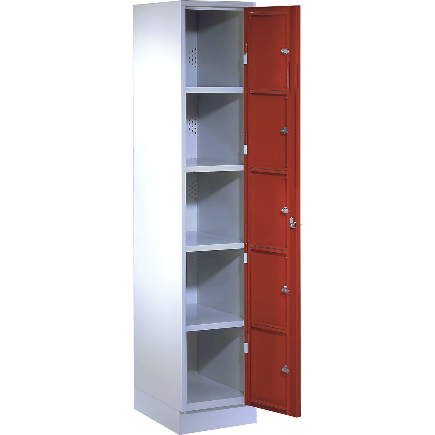 Laundry cabinet, HxWxD 1800 x 350 x 500 mm, 5 compartments, light grey / flame red.