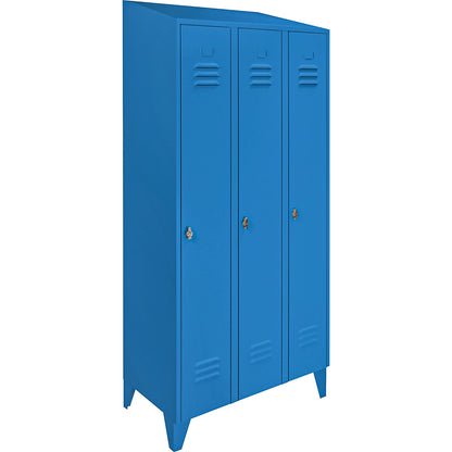 Berlin 2 clothes locker, 3 compartments, light blue, width 900 mm, sloping roof shape.
