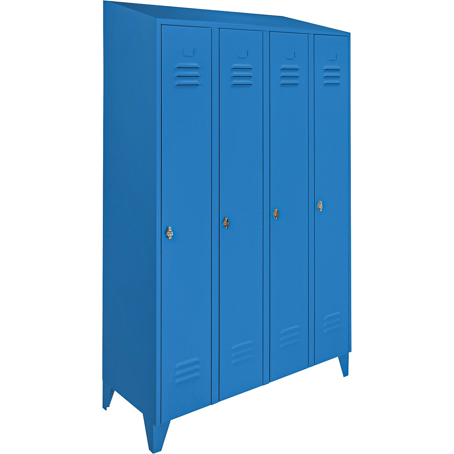 Berlin 2 clothes locker, 4 compartments, light blue, width 1200 mm, sloping roof shape.