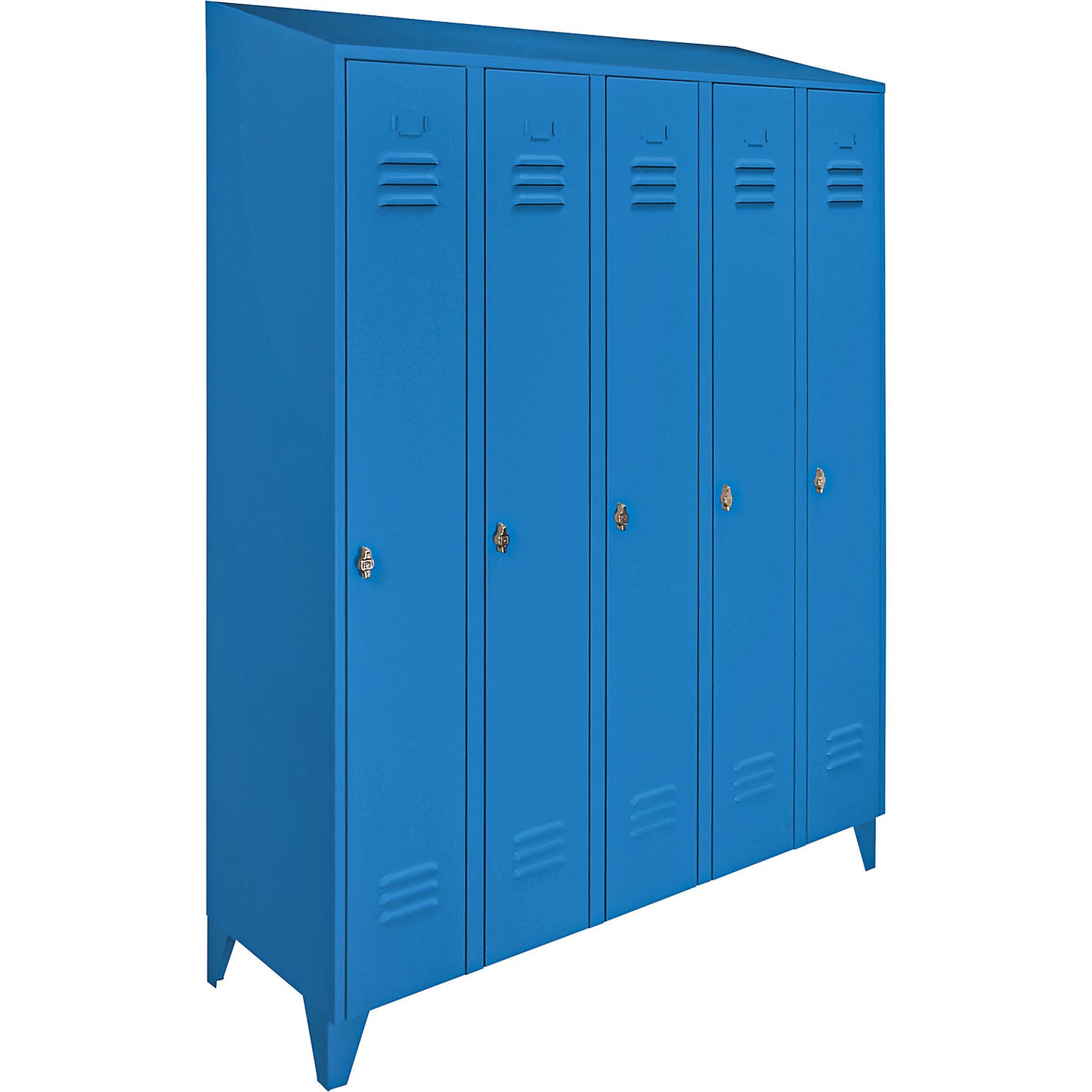 Berlin 2 clothes locker, 5 compartments, light blue, width 1500 mm, sloping roof shape.