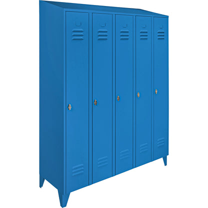 Berlin 2 clothes locker, 5 compartments, light blue, width 1500 mm, sloping roof shape.