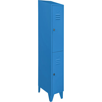 Berlin 2 double deck clothes locker, 1 compartment, light blue, width 300 mm, sloping roof shape.