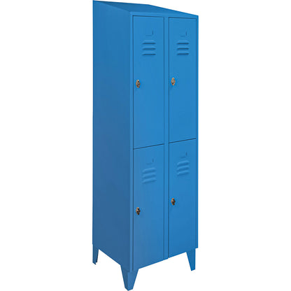 Berlin 2 double deck clothes locker, 2 compartments, light blue, width 600 mm, sloping roof shape.