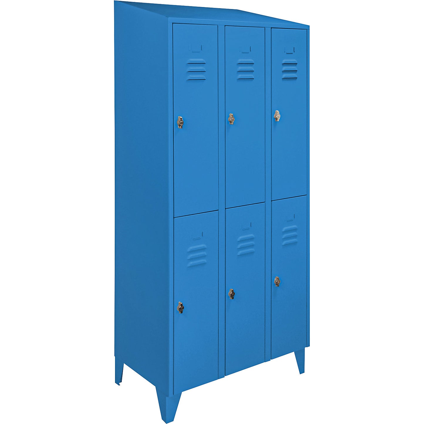 Berlin 2 double deck clothes locker, 3 compartments, light blue, width 900 mm, sloping roof shape.