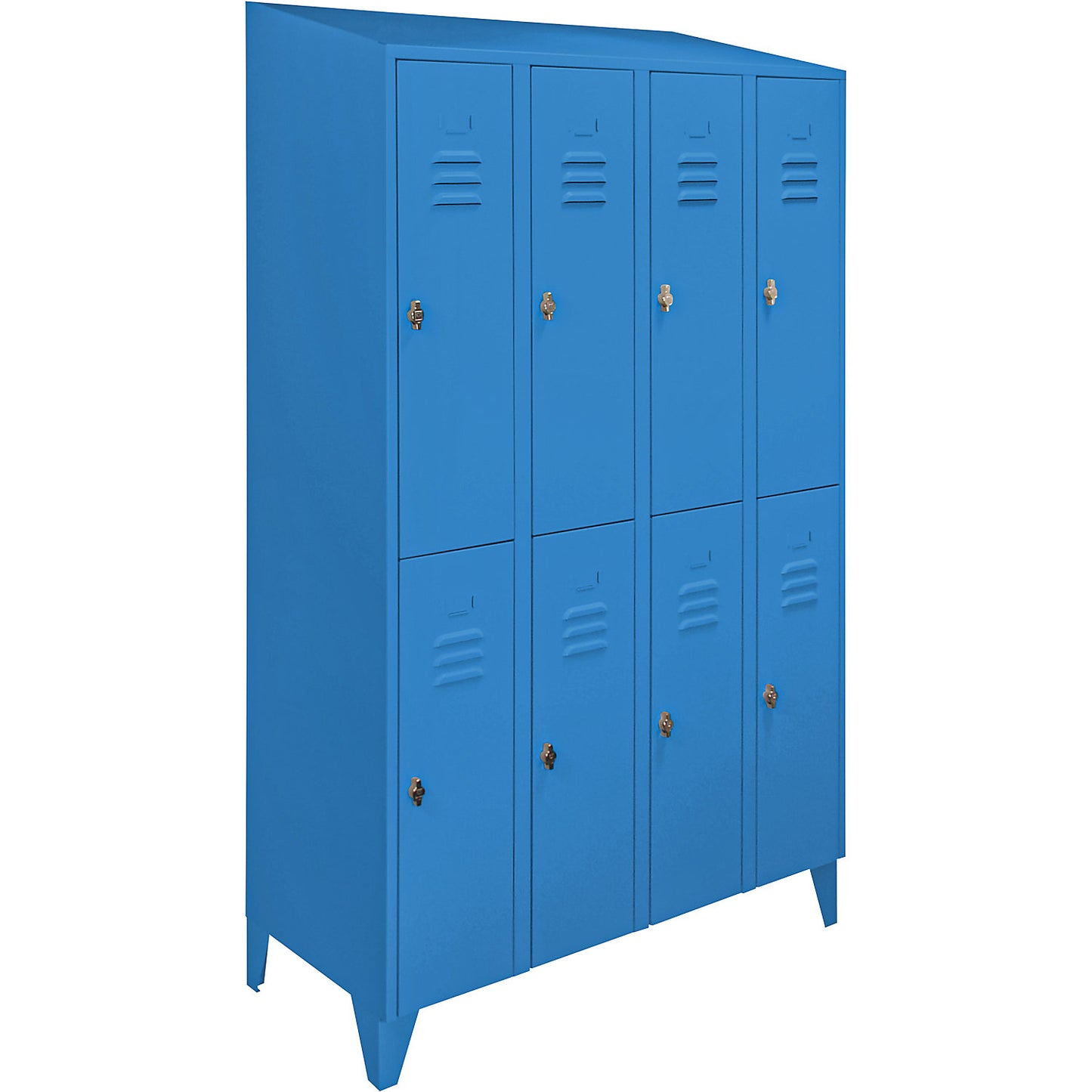 Berlin 2 double deck clothes locker, 4 compartments, light blue, width 1200 mm, sloping roof shape.