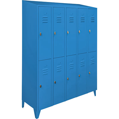 Berlin 2 double deck clothes locker, 5 compartments, light blue, width 1500 mm, sloping roof shape.