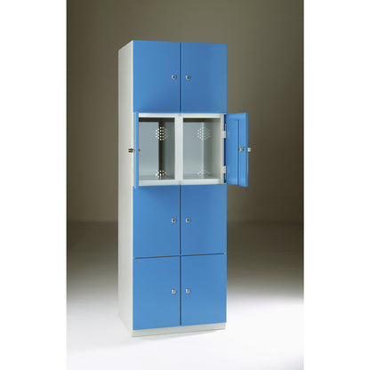 Frankfurt 4-fold compartment locker, 2 compartments, W 600 mm, light grey / light blue.