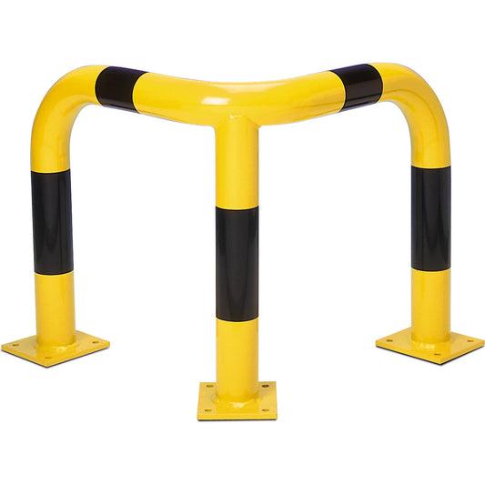 Corner crash protection bar, quality steel, Ø 76 mm, for outdoor use, height 600 mm, yellow/black.