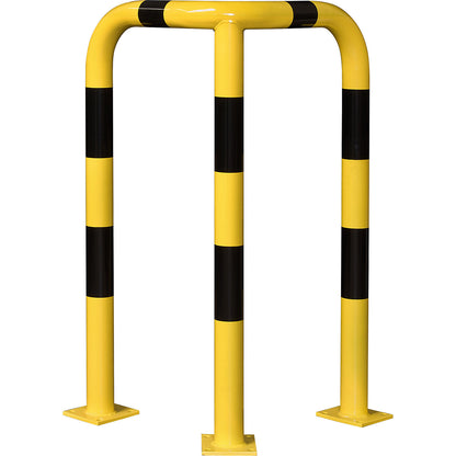 Corner crash protection bar, quality steel, Ø 76 mm, for indoor use, height 1200 mm, yellow/black.