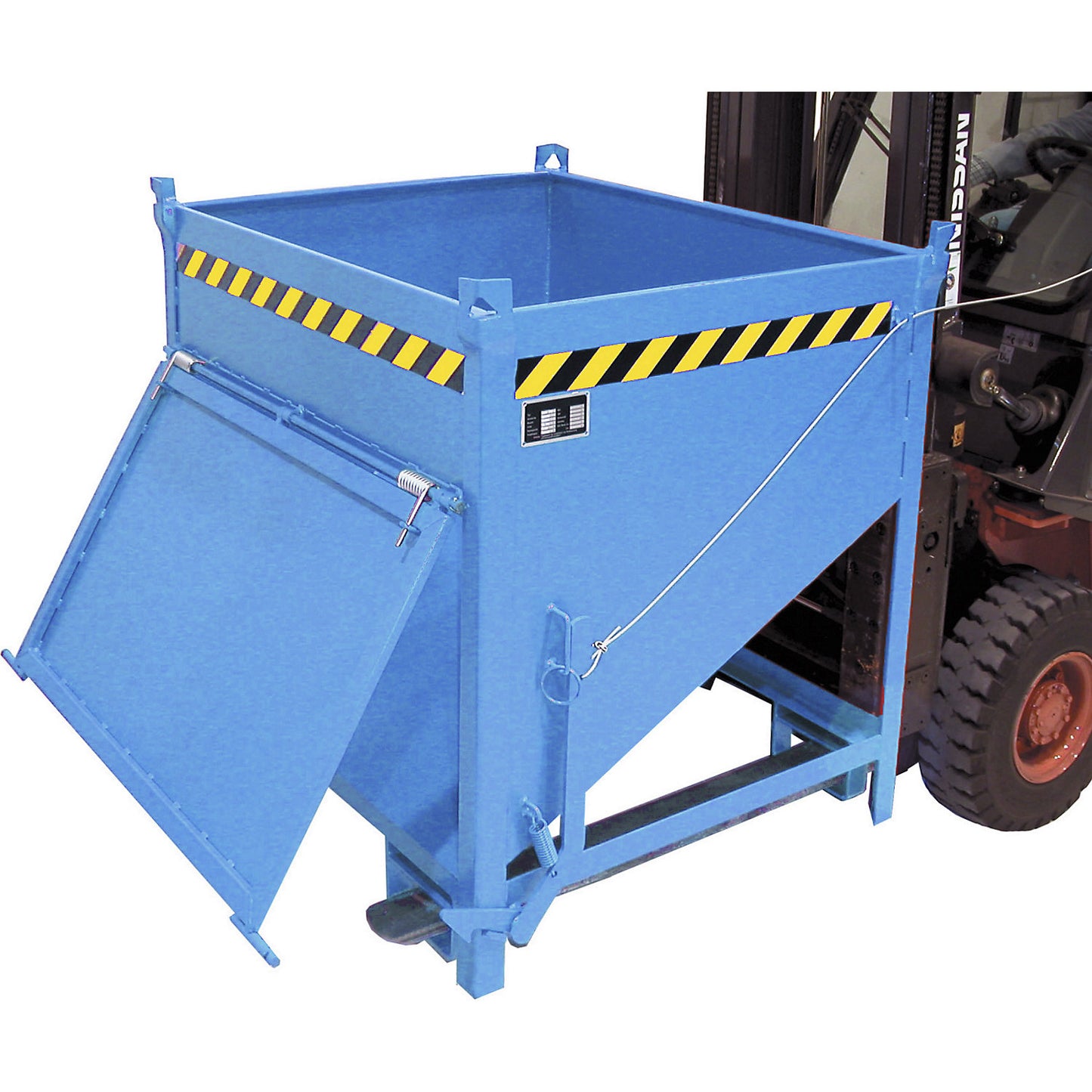 Silo container, capacity 0.75 m³, with front flap, light blue RAL 5012.