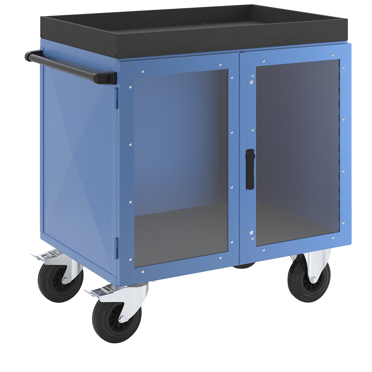 KOMPAKT cupboard trolley, sheet steel on 3 sides, doors with Makrolon® polycarbonate panels, without shelf.