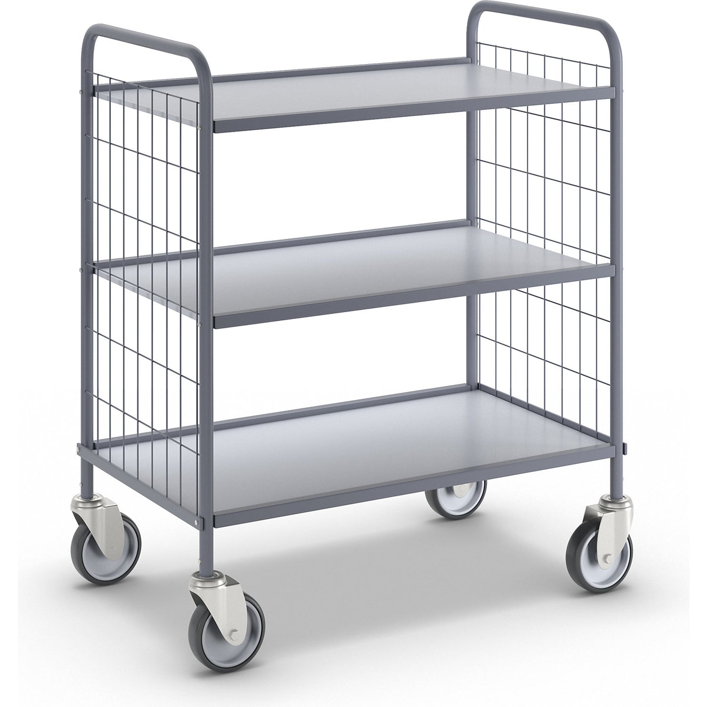 Office shelf trolley, max. load 150 kg, shelves / panels plastic coated in light grey, 3 shelves, 4 swivel castors.