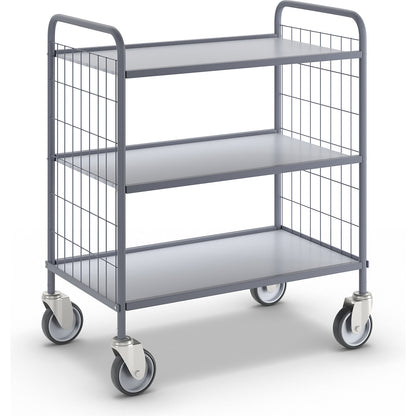 Office shelf trolley, max. load 150 kg, shelves / panels plastic coated in light grey, 3 shelves, 4 swivel castors.