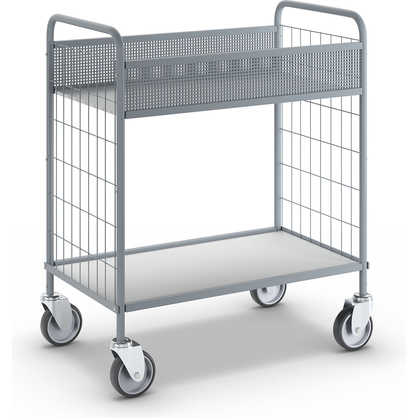 Office shelf trolley, max. load 150 kg, shelf LxW 770 x 425 mm, 2 shelves, shelf heights 240 / 750 mm.