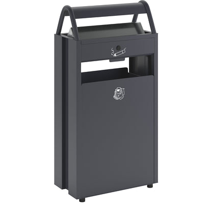 Waste collector with ashtray and rain protection hood, capacity 60 l, WxHxD 480 x 960 x 250 mm, black grey RAL 7021.