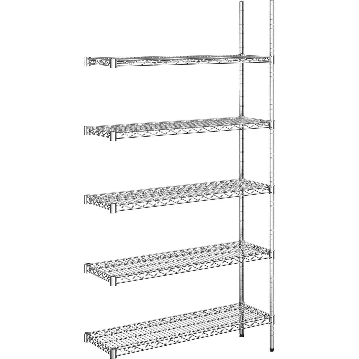 Steel wire mesh shelf unit, chrome plated, max. shelf load 150 kg, WxD 910 x 360 mm, extension shelf unit, height 1880 mm, 5 shelves.
