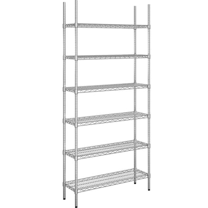 Steel wire mesh shelf unit, chrome plated, max. shelf load 150 kg, WxD 910 x 360 mm, standard shelf unit, height 2180 mm, 6 shelves.
