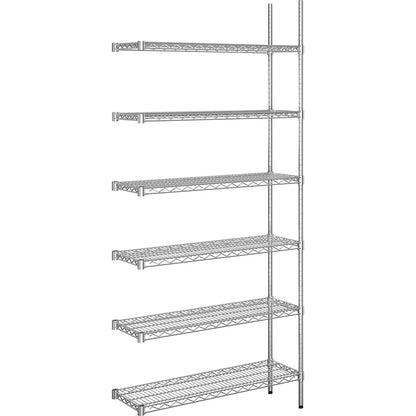 Steel wire mesh shelf unit, chrome plated, max. shelf load 150 kg, WxD 910 x 360 mm, extension shelf unit, height 2180 mm, 6 shelves.