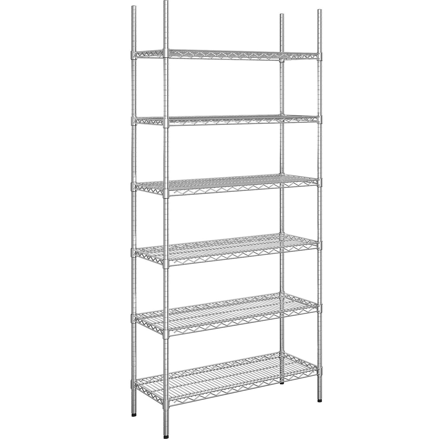 Steel wire mesh shelf unit, chrome plated, max. shelf load 150 kg, WxD 910 x 460 mm, standard shelf unit, height 2180 mm, 6 shelves.