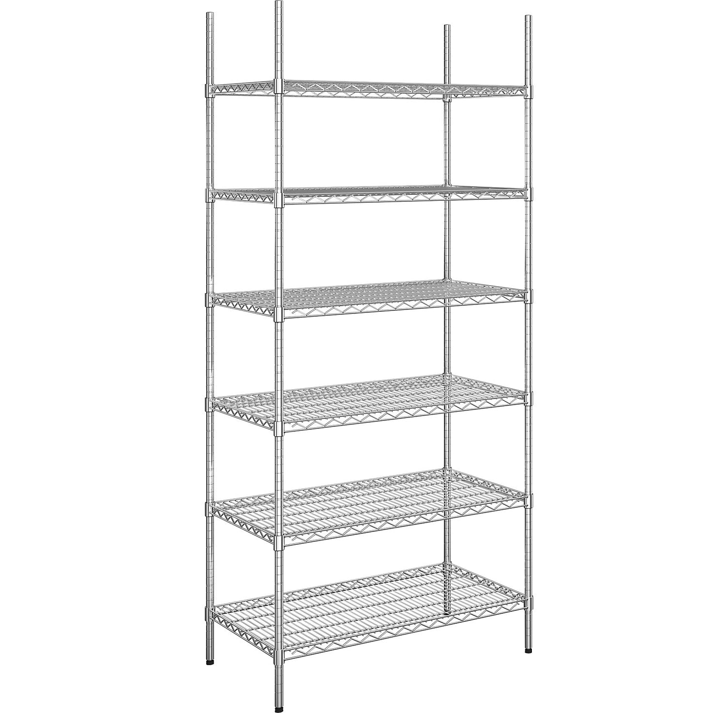 Steel wire mesh shelf unit, chrome plated, max. shelf load 150 kg, WxD 910 x 610 mm, standard shelf unit, height 2180 mm, 6 shelves.