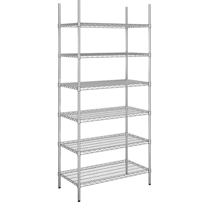 Steel wire mesh shelf unit, chrome plated, max. shelf load 150 kg, WxD 910 x 610 mm, standard shelf unit, height 2180 mm, 6 shelves.