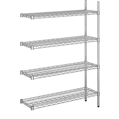 Steel wire mesh shelf unit, chrome plated, max. shelf load 250 kg, WxD 910 x 360 mm, extension shelf unit, height 1370 mm, 4 shelves.