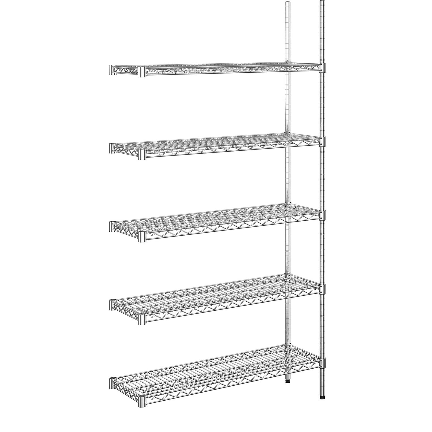 Steel wire mesh shelf unit, chrome plated, max. shelf load 250 kg, WxD 910 x 360 mm, extension shelf unit, height 1880 mm, 5 shelves.