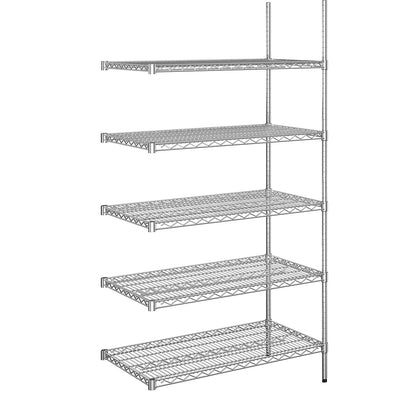 Steel wire mesh shelf unit, chrome plated, max. shelf load 250 kg, WxD 910 x 610 mm, extension shelf unit, height 1880 mm, 5 shelves.