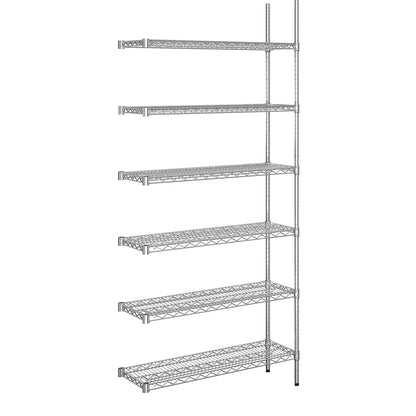 Steel wire mesh shelf unit, chrome plated, max. shelf load 250 kg, WxD 910 x 360 mm, extension shelf unit, height 2180 mm, 6 shelves.