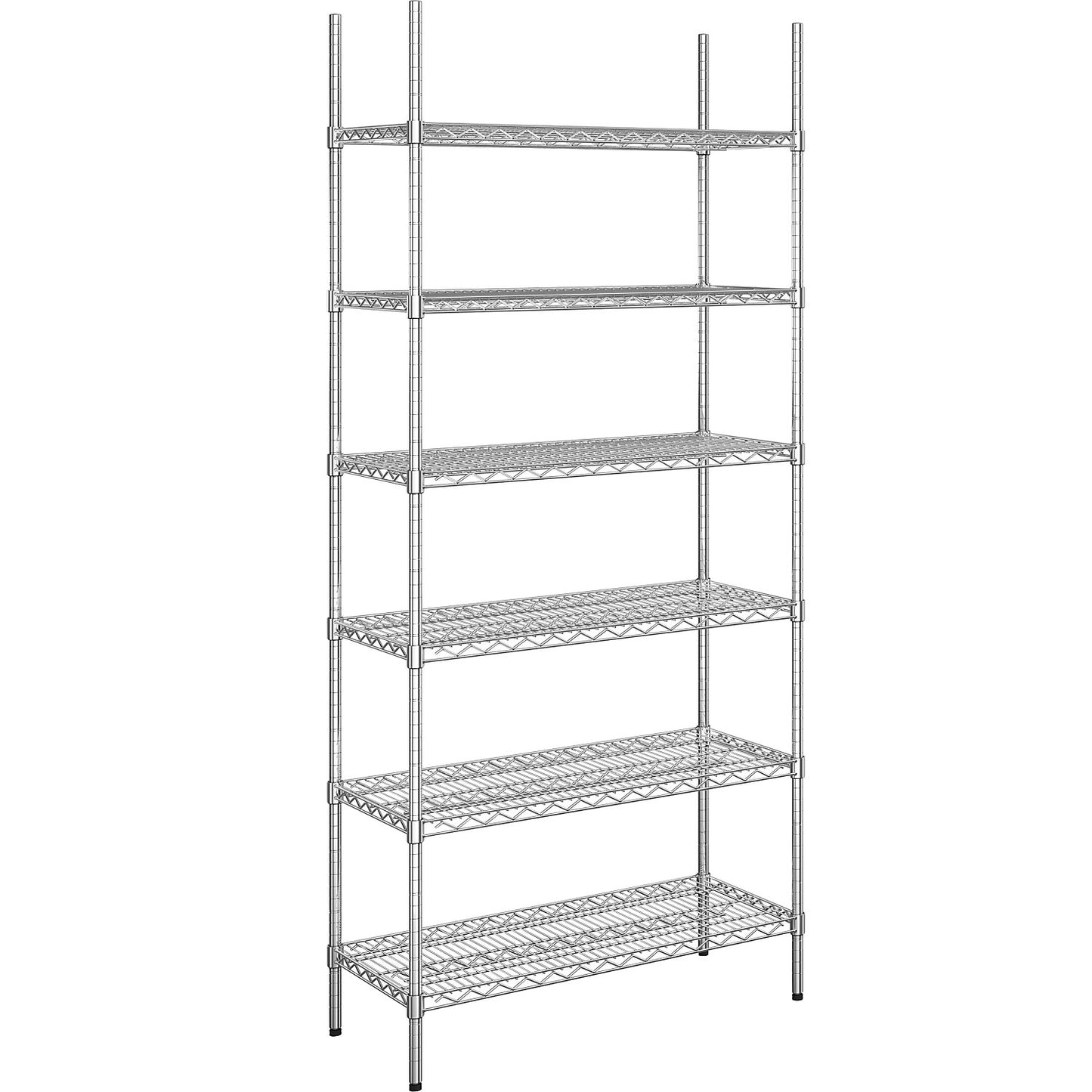 Steel wire mesh shelf unit, chrome plated, max. shelf load 250 kg, WxD 910 x 460 mm, standard shelf unit, height 2180 mm, 6 shelves.