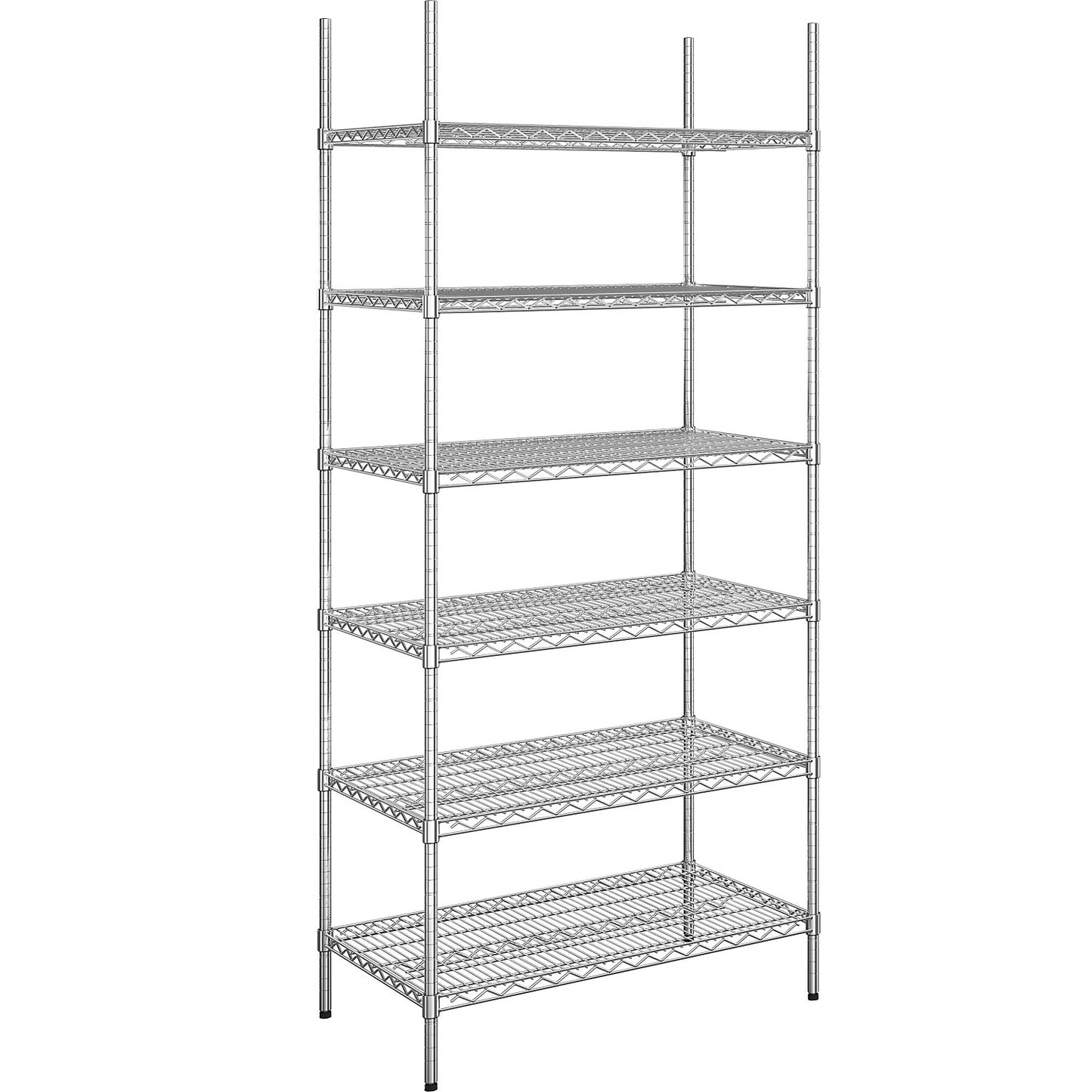 Steel wire mesh shelf unit, chrome plated, max. shelf load 250 kg, WxD 910 x 610 mm, standard shelf unit, height 2180 mm, 6 shelves.