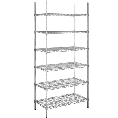 Steel wire mesh shelf unit, chrome plated, max. shelf load 250 kg, WxD 910 x 610 mm, standard shelf unit, height 2180 mm, 6 shelves.