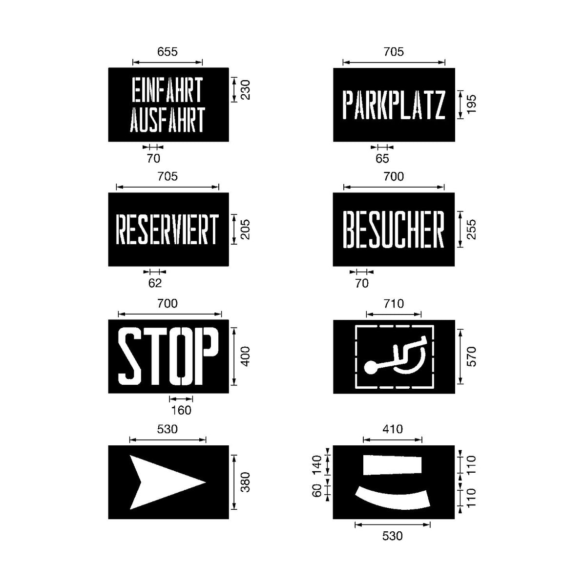 Stencil set, set 1, consists of 8 individual stencils.