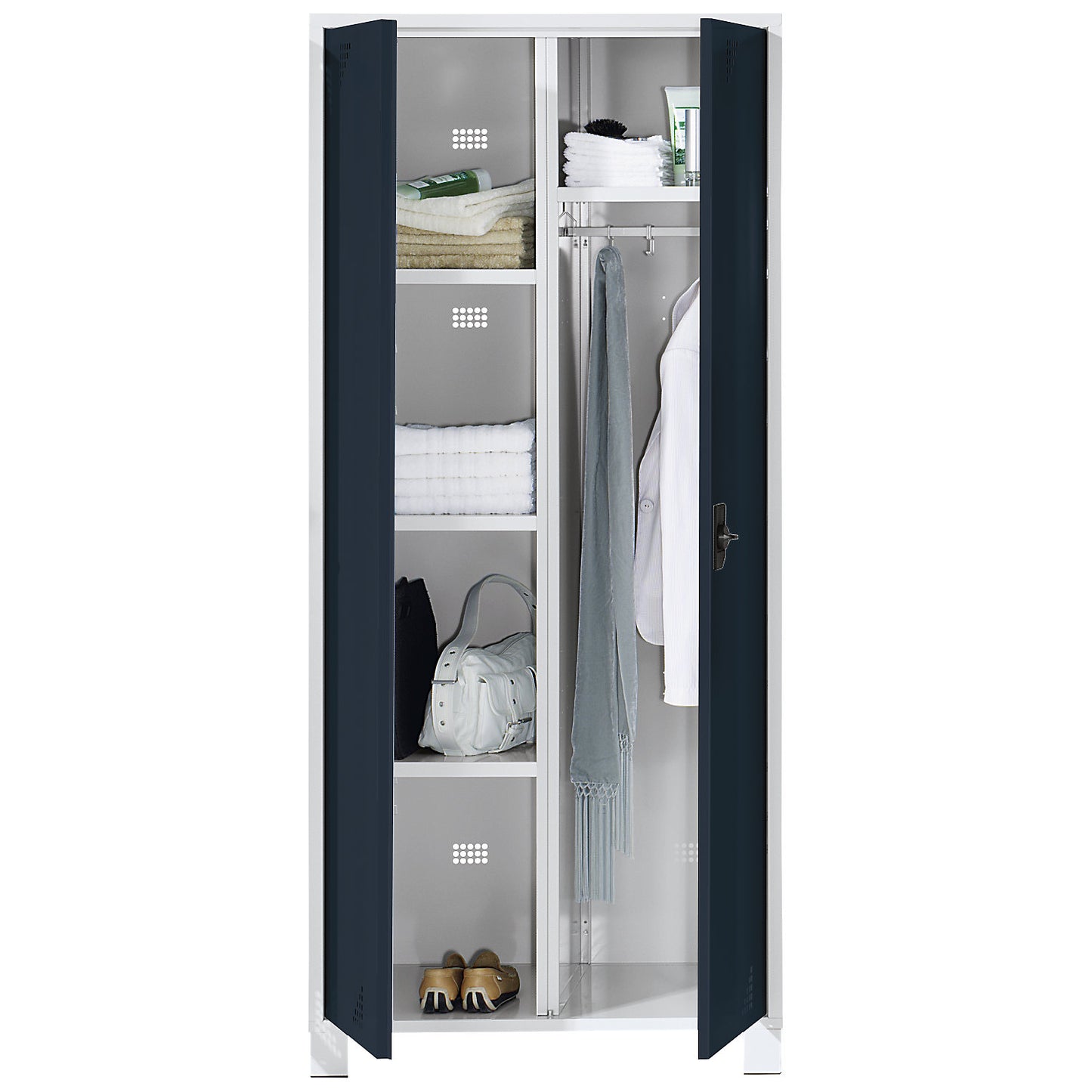 Bremen multi-purpose/cloakroom locker, centre partition, clothes rail, light grey / charcoal, width 600 mm.