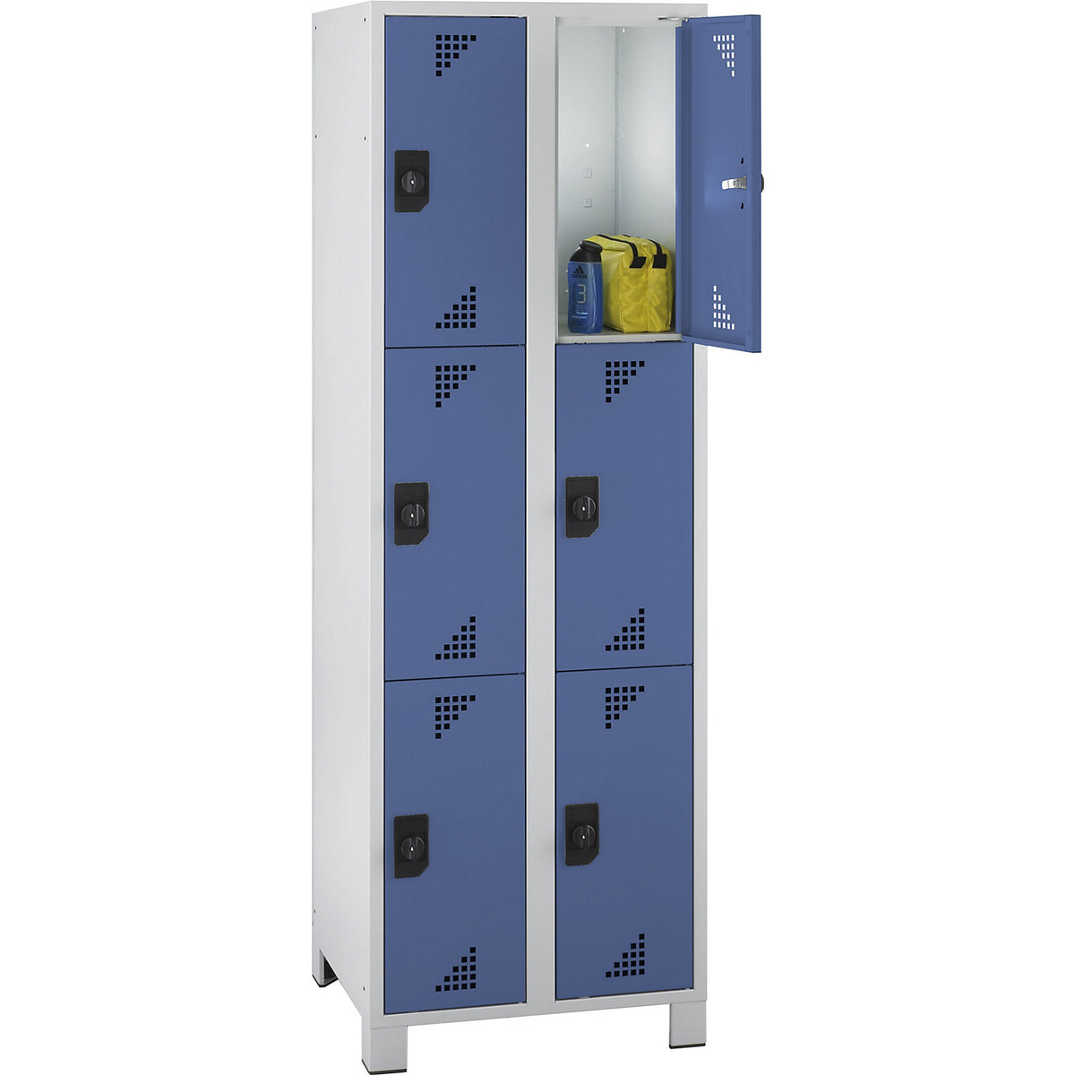 Bremen 3-fold compartment locker, 2 compartments, light grey / brilliant blue, width 600 mm, 6 compartments.
