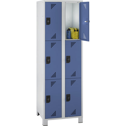 Bremen 3-fold compartment locker, 2 compartments, light grey / brilliant blue, width 600 mm, 6 compartments.
