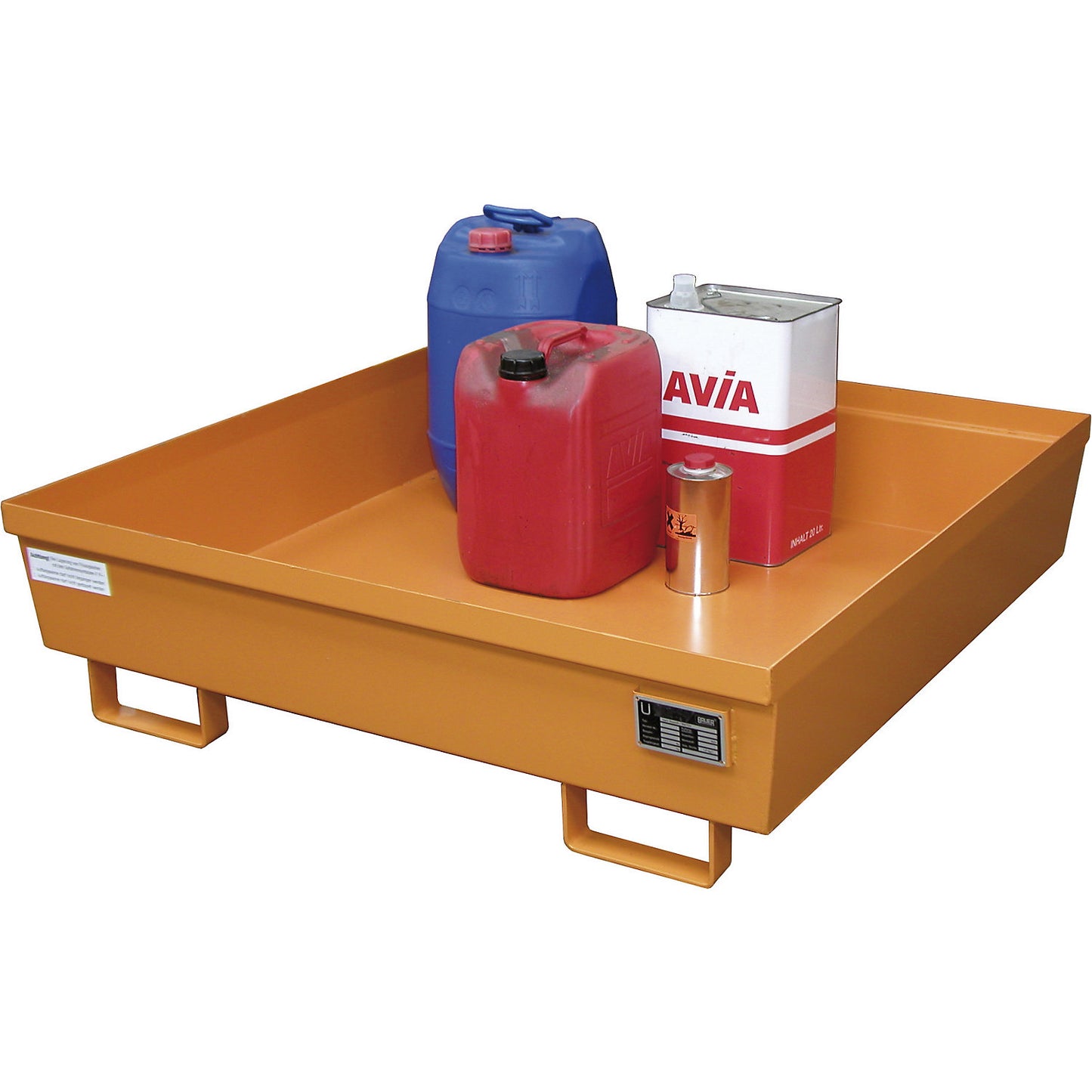 Steel sump tray with edge profiles, LxWxH 1200 x 1200 x 335 mm, without grate, orange RAL 2000.