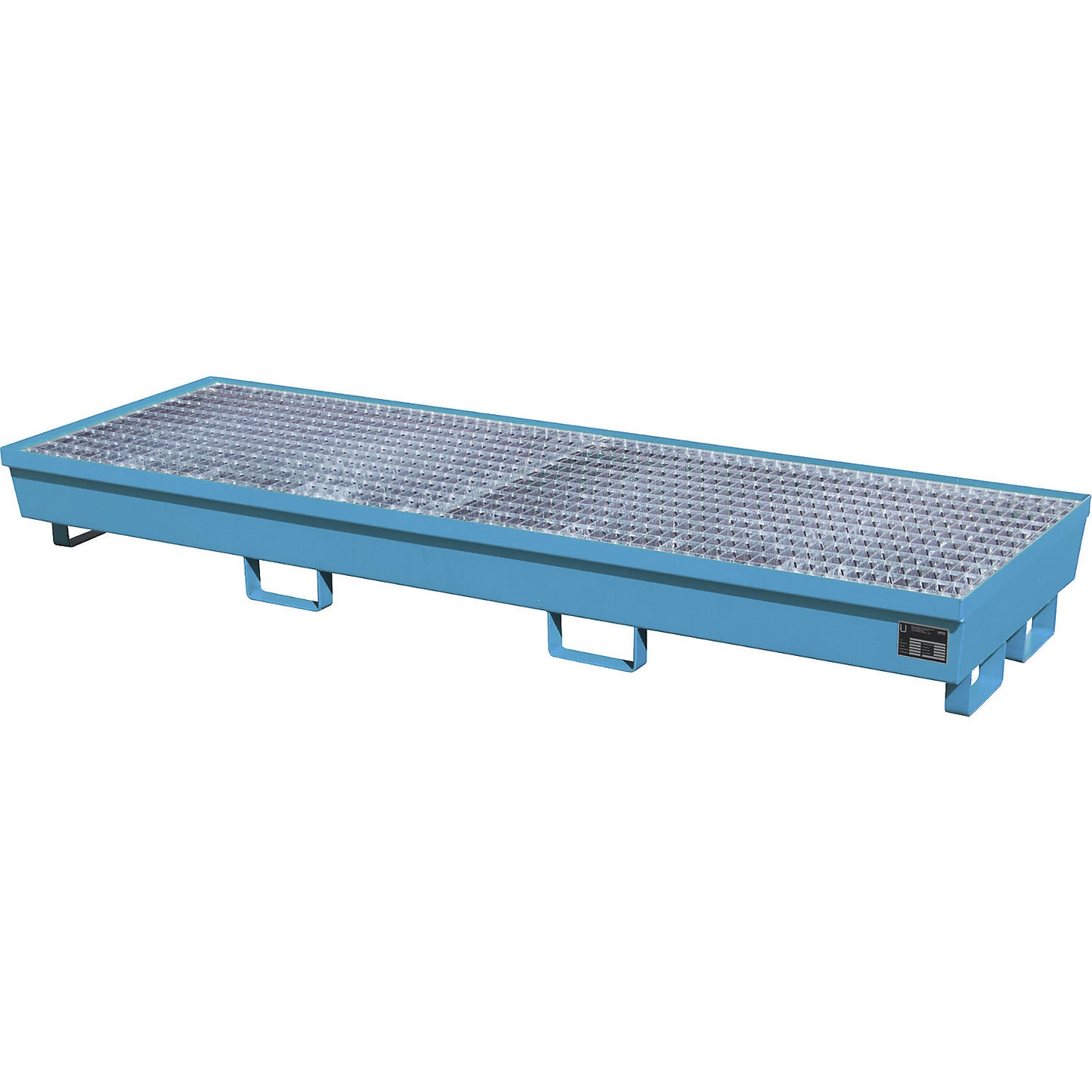Steel sump tray with edge profiles, for 4 x 200 l drums, LxW 2400 x 800 mm, blue RAL 5012.