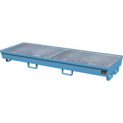 Steel sump tray with edge profiles, for 4 x 200 l drums, LxW 2400 x 800 mm, blue RAL 5012.