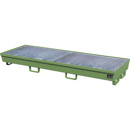 Steel sump tray with edge profiles, for 4 x 200 l drums, LxW 2400 x 800 mm, green RAL 6011.