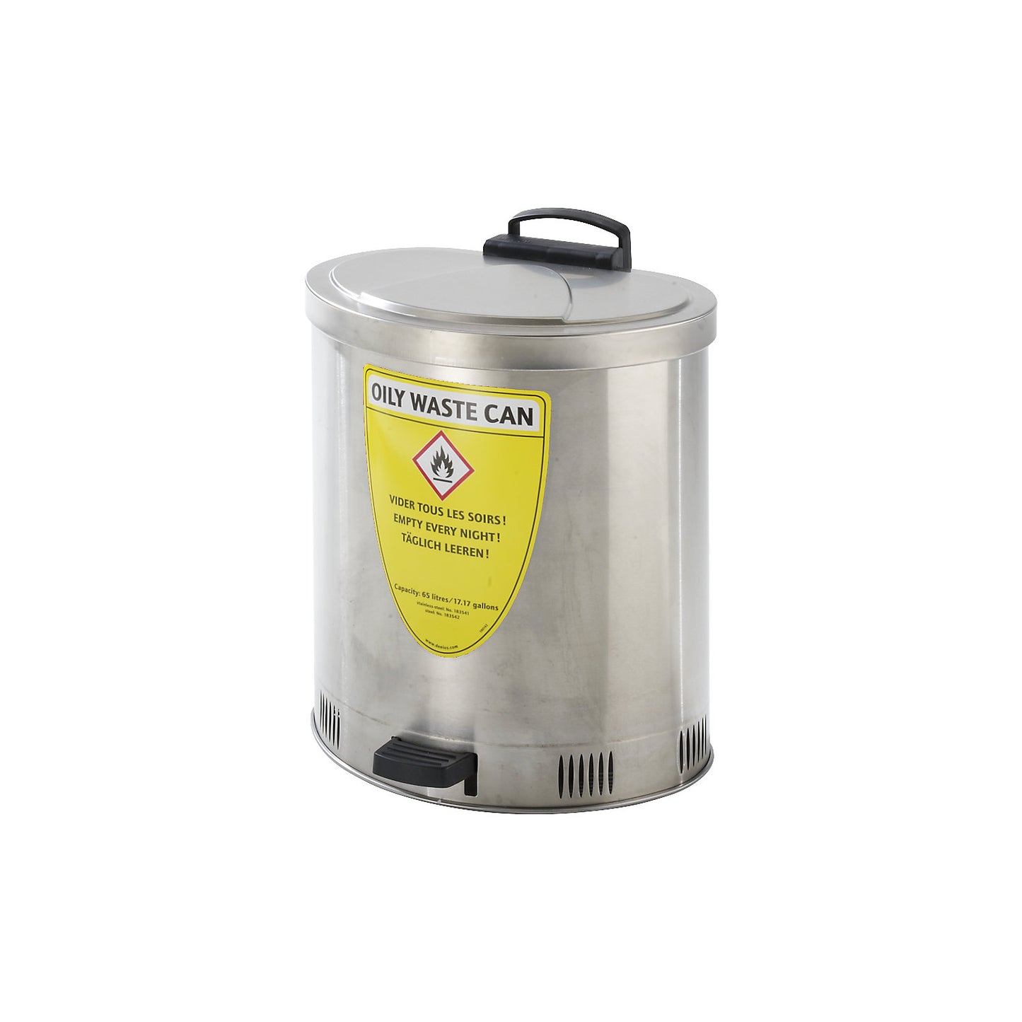 Safety disposal can with self-closing lid, stainless steel, capacity 65 l.