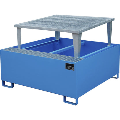 Steel sump tray for IBC/CTC tank containers, LxWxH 1460 x 1460 x 1090 mm, sump capacity 1000 l, painted, blue RAL 5012.