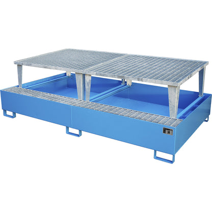 Steel sump tray for IBC/CTC tank containers, LxWxH 2650 x 1460 x 865 mm, with 2 filling attachments, sump capacity 1000 l, painted, blue RAL 5012.