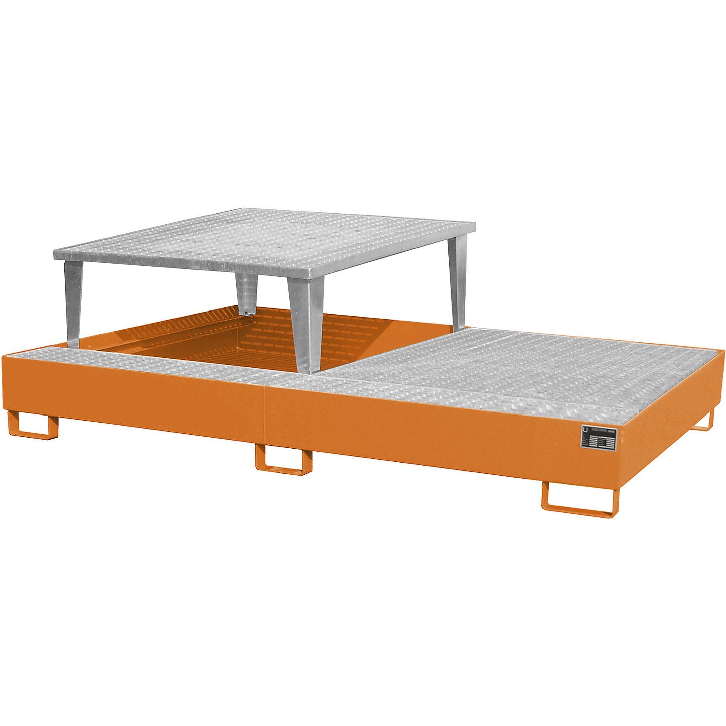 Steel sump tray for IBC/CTC tank containers, LxWxH 2650 x 1460 x 865 mm, with 1 filling attachment, sump capacity 1000 l, painted, orange RAL 2000.