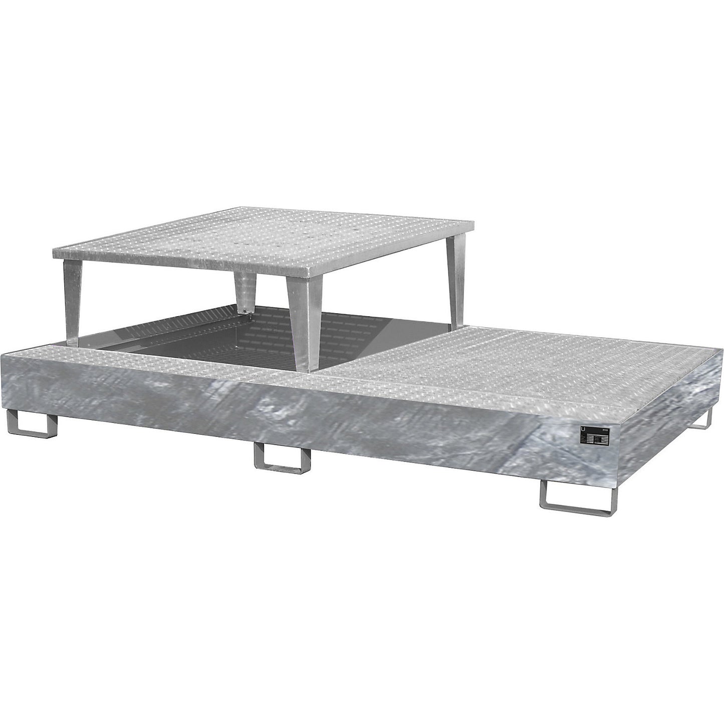 Steel sump tray for IBC/CTC tank containers, LxWxH 2650 x 1460 x 865 mm, with 1 filling attachment, sump capacity 1000 l, hot dip galvanised.