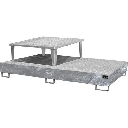 Steel sump tray for IBC/CTC tank containers, LxWxH 2650 x 1460 x 865 mm, with 1 filling attachment, sump capacity 1000 l, hot dip galvanised.