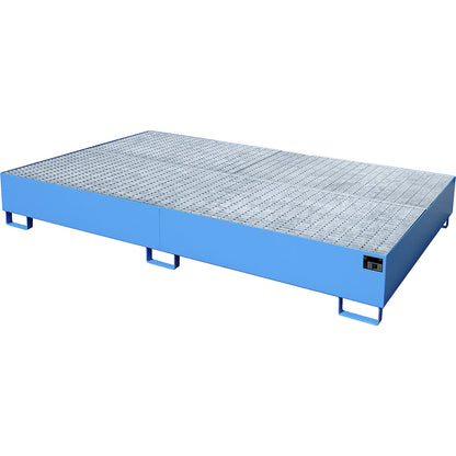 Steel sump tray for IBC/CTC tank containers, LxWxH 2690 x 1650 x 375 mm, sump capacity 1000 l, painted, blue RAL 5012.